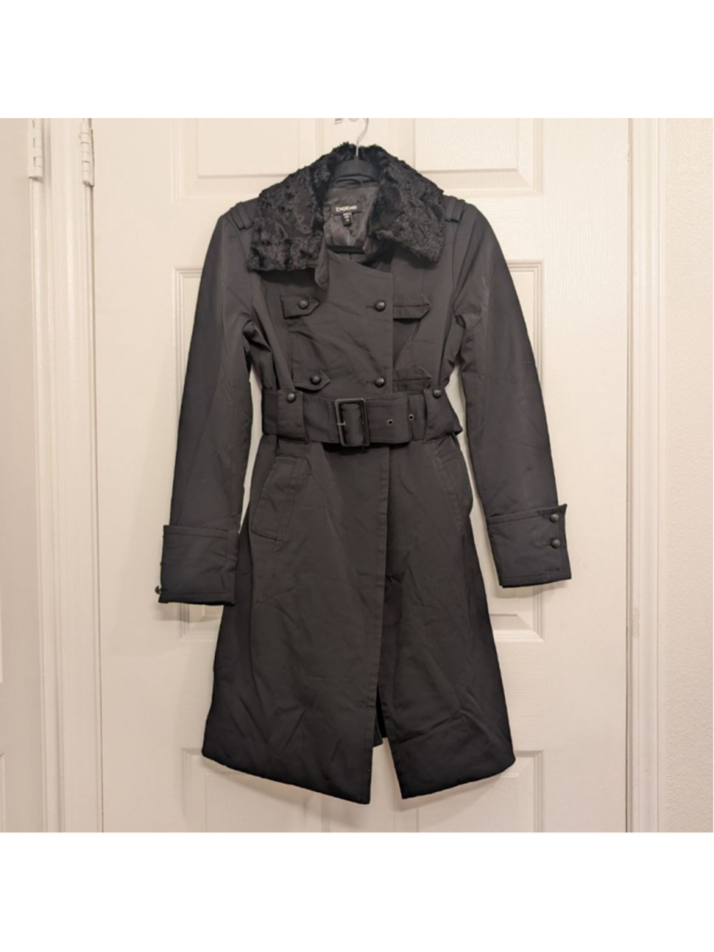 bebe Black Military Trench Coat Faux Fur Collar Belted Jacket XS Luxe Gothic